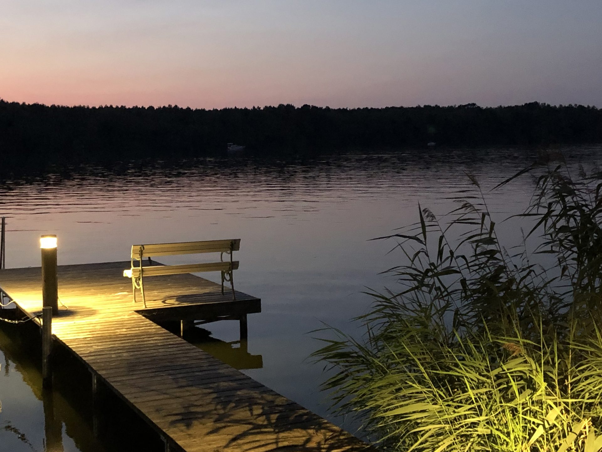 Privater Steg der Designvilla bei Nacht – Seezugang am Großen Zug Brandenburg